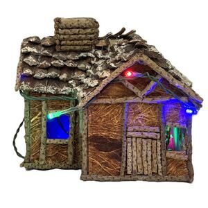 Vintage Handmade Wooden Cabin w/ Multicolor Light AA Battery Operated Working